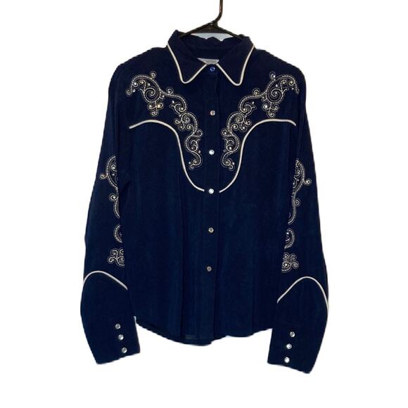 Western Collection Styles Navy Embroidered Button Down Long Sleeve Blouse  L - Picture 1 of 9